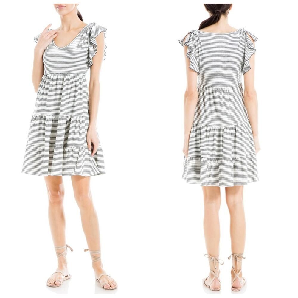 Max Studio striped jersey ruffle sleeve tiered V-neck dress sz M